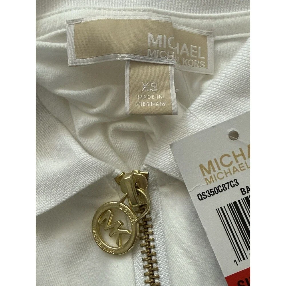 NEW Michael Kors MK Ruched Half Zip Polo T- Shirt Top Women’s White Sz XS